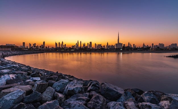 View of the Dubai Skyline and Burj Khalifa from La Mer Beach.