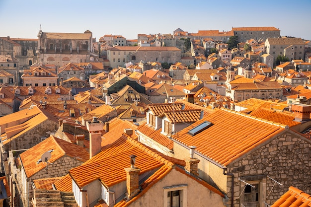 View of Dubrovnik red roofs in Croatia at sunset light