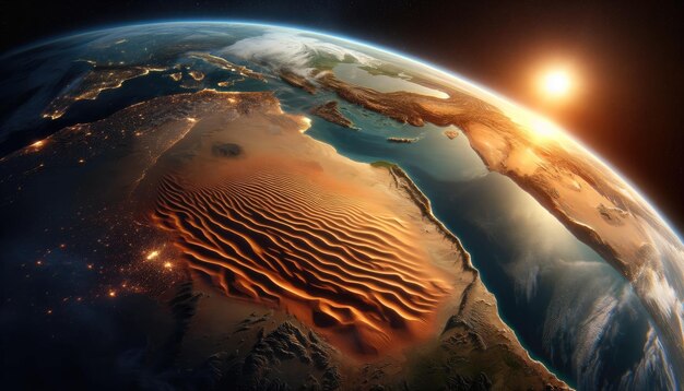 view of Earth from space the contrasting beauty of glowing city lights vast deserts and the planet39s atmospheric glow as the sun rises highlighting the intricate details of our planet39s surface