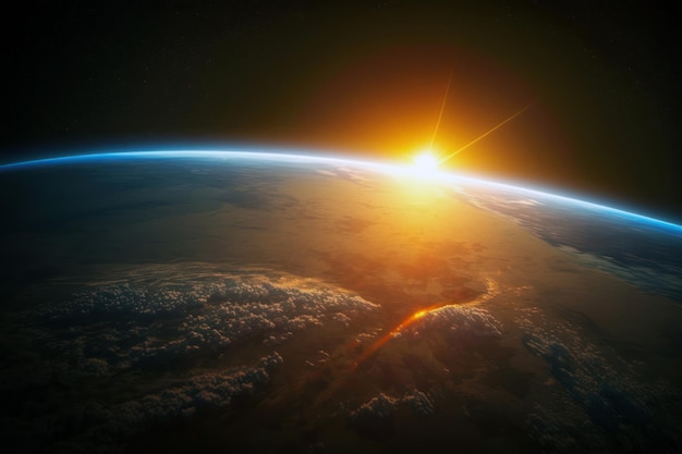 A view of the earth from space with the sun setting over the horizon.