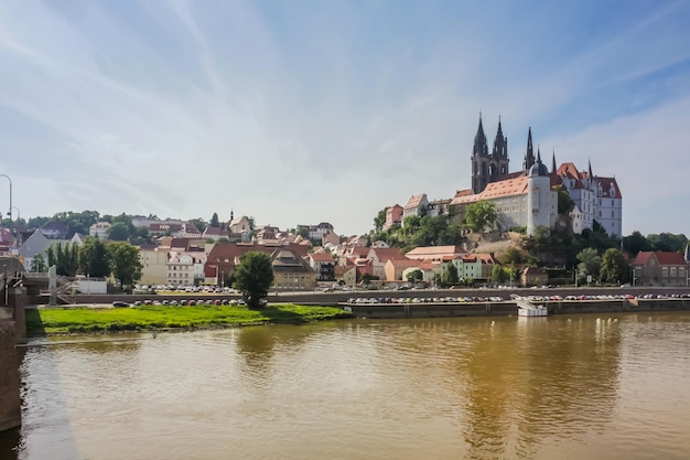 View over the Elbe river at Meissen the castle and the towers of the cathedral Meissner Dom