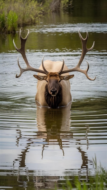 Photo view of elk in natural body of water