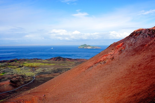 View of Ellidaey Island from volcano Eldfell at Westman Islands, Iceland.