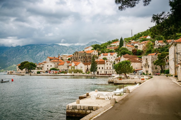 View of the embankment of Perast Village a dreamy destination on the coast of Boka Kotor bay Montenegro