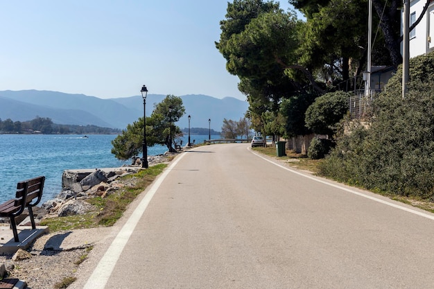 View of the embankment and road along the sea of the island of Paros Greece