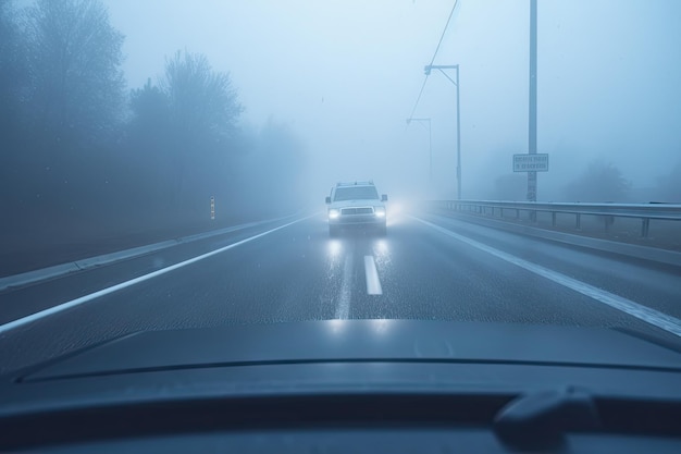 View empty dark night blue foggy misty rainy highway city road backlight red traces low poor visibility cold spring autumn season Seasonal bad rainy weather accident danger warning car fog light