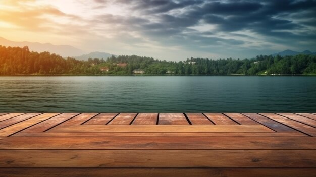 Photo view of empty wooden with lake generative ai