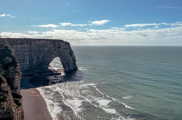 View of Etretat white cliffs in Normandy France