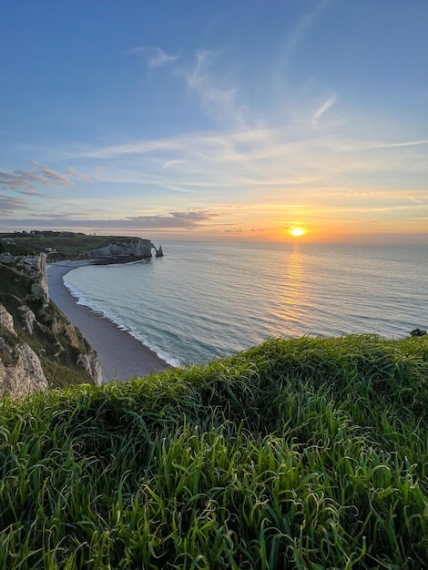 View of Etretat white cliffs in Normandy France