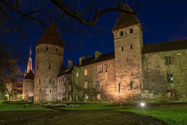 View to the european city Tallinn after sunset in twilight, travel outdoor background. Wall of the Old Town.