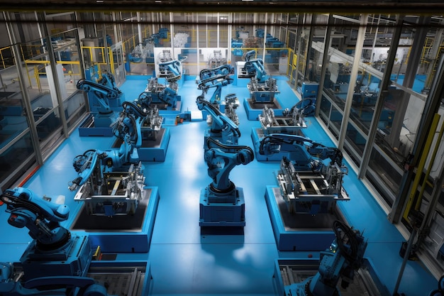 View of factory floor with robotic arms and hands performing precise and intricate tasks