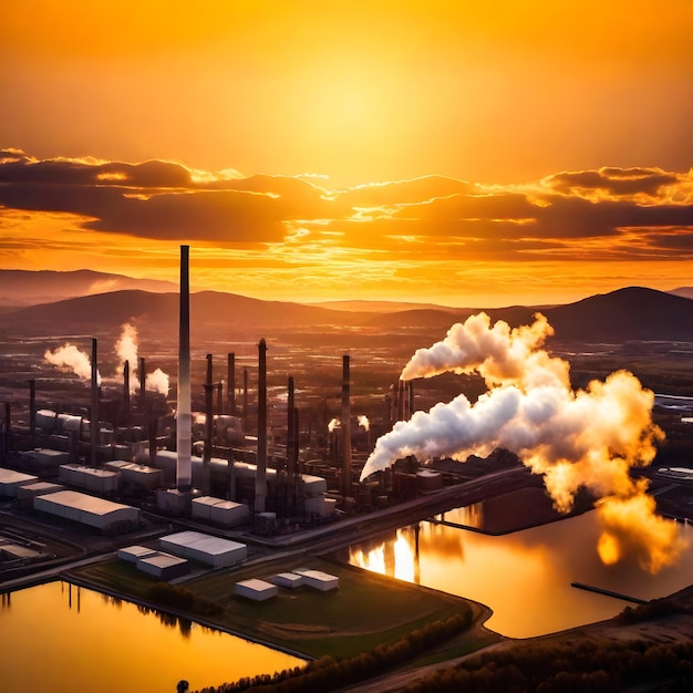 a view of a factory with the sun setting behind it