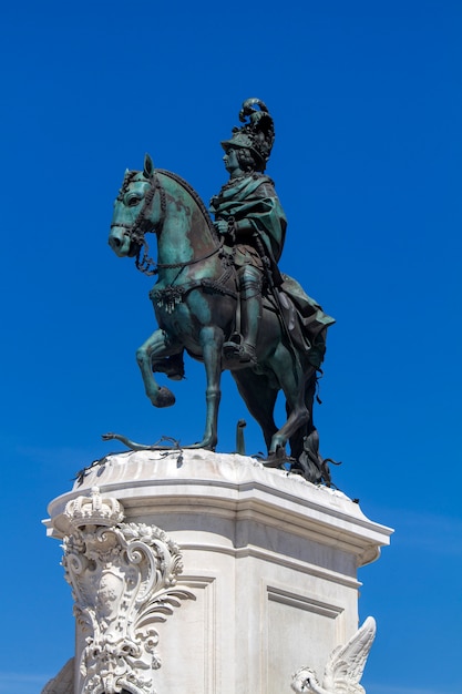 View of the famous equestrian statue of D.Jose I, located on the Commerce Plaza, Lisbon, Portugal.