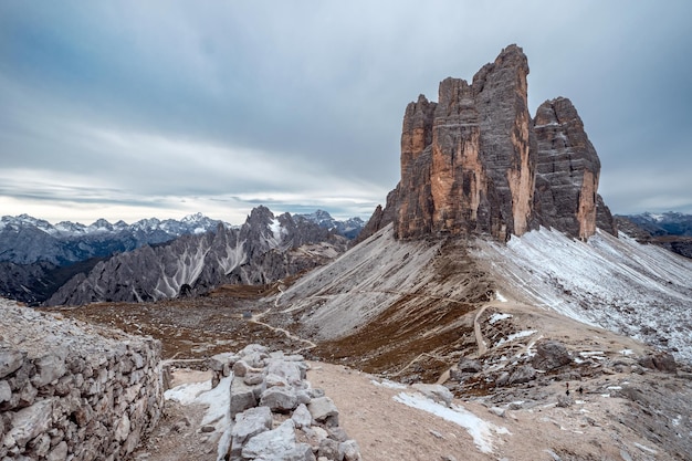 View of famous Tre Cime peaks in Tre Cime di Lavaredo National Park Dolomiti Alps South Tyrol Italy