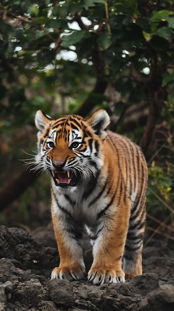 View of ferocious wild tiger cub in nature