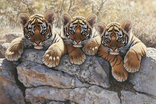 Photo view of ferocious wild tiger cubs in nature