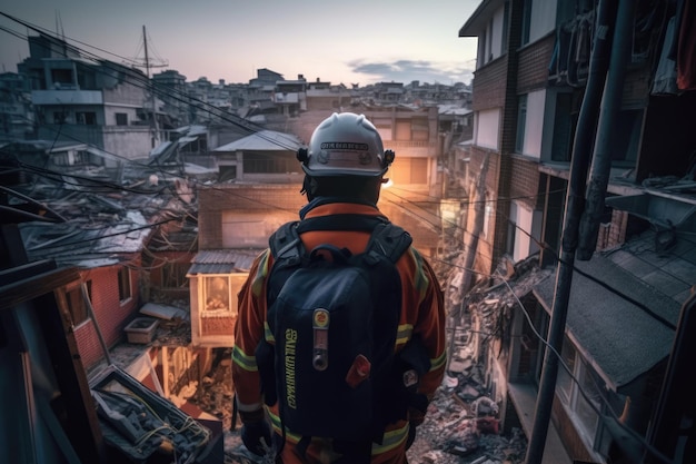 View of firefighter rescuer among affected buildings generative ai