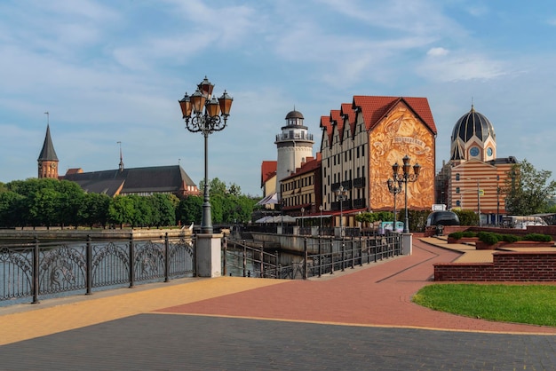 View of the Fishing village on the embankment of the Pregolya River Kaliningrad Russia