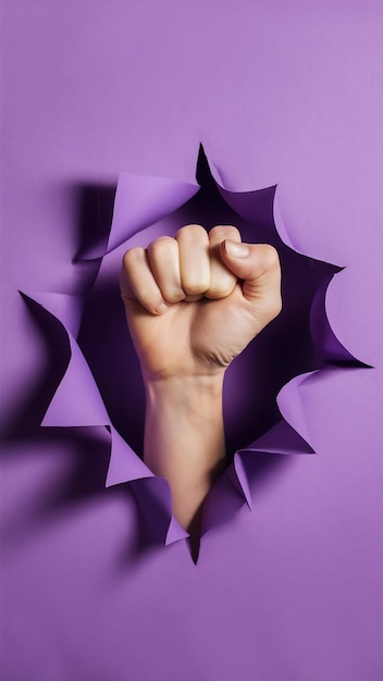 Photo view of fist ripping through purple surface for womens day celebration