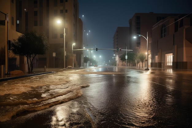 View of flash flood rushing down the middle of a deserted street in the night