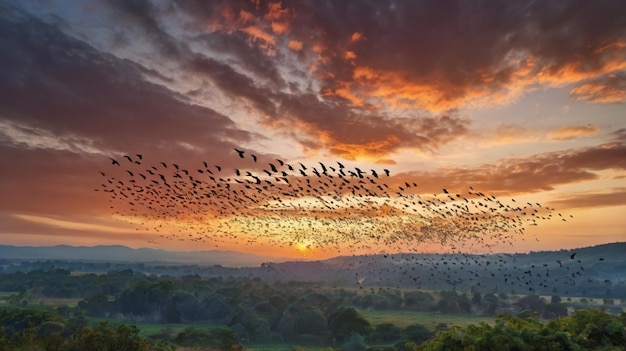 Photo view of a flock of birds flying into a beautiful sky during sunset