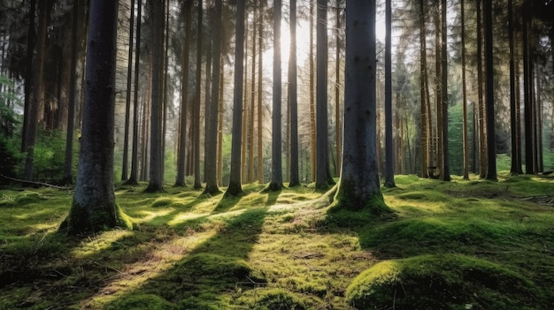 View of forest with fir trees and moss on the ground