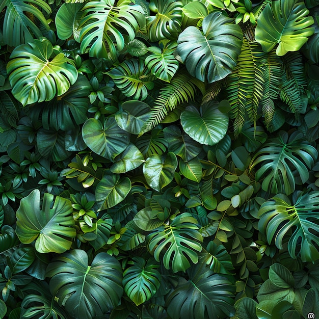 A view of a forest with the warm glow of sunrise filtering through the leaves green leaves