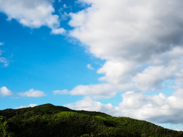 view of the forests on the mountain with fog on blue sky with cloud