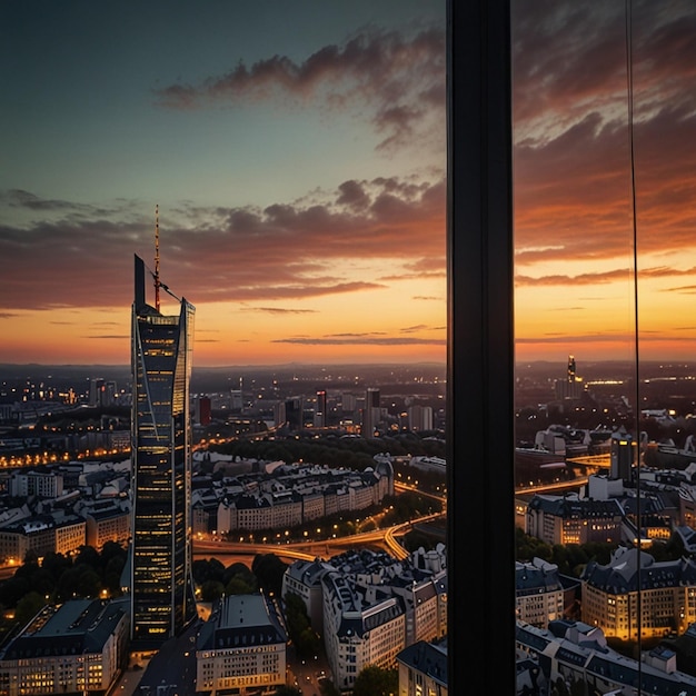 View of Frankfurt from a skyscraper at sunset Germany AI generative