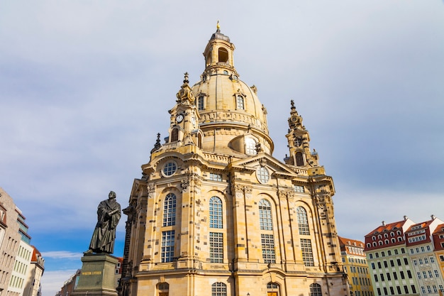 view of Frauenkirche cathedral and statue of Martin Luther.