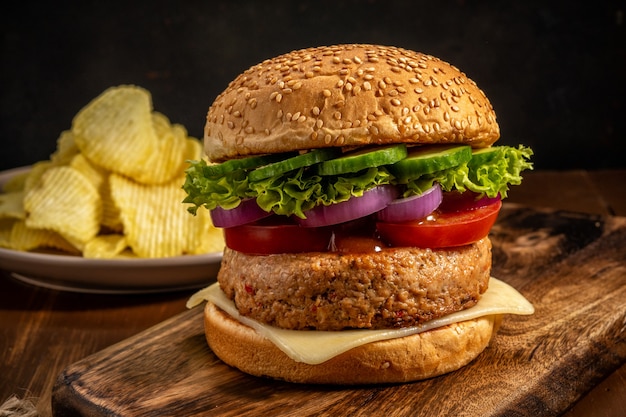 View of fresh tasty burger on wooden rustic table.