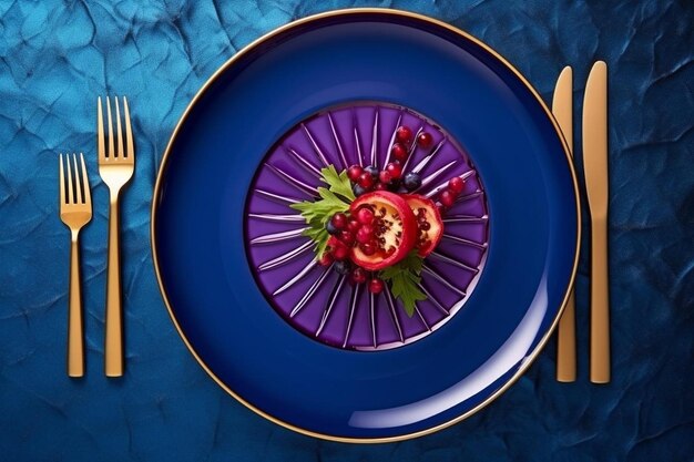 Above view fresh vegetable salad inside elegant plate with cutlery on dark blue background