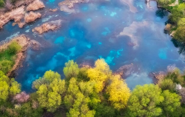 Photo view from the air of the turquoise lake balykty in the spring