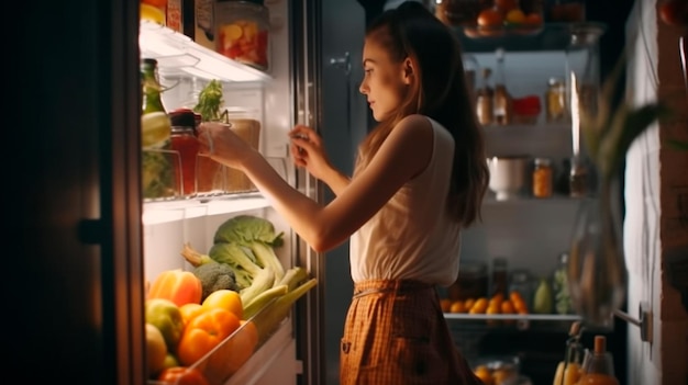 View from the back of Beautiful Young Woman Opens Fridge Door Looks inside Takes out Vegetables Woman Preparing Healthy Meal Using Groceries full Generative AI