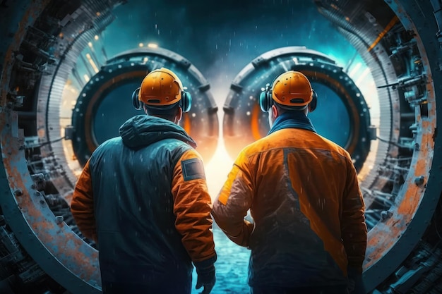 View from the back a two men in a protective safety uniform and hardhat works in a factory ai generative