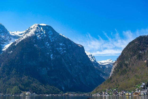 View from the boat saw the Hallstatt village on the bottom of the great mountain 