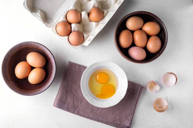 View from above brown chicken eggs