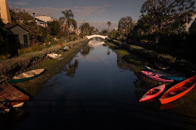 View from the canals from Venice Beach in Los Angeles, California, United States.