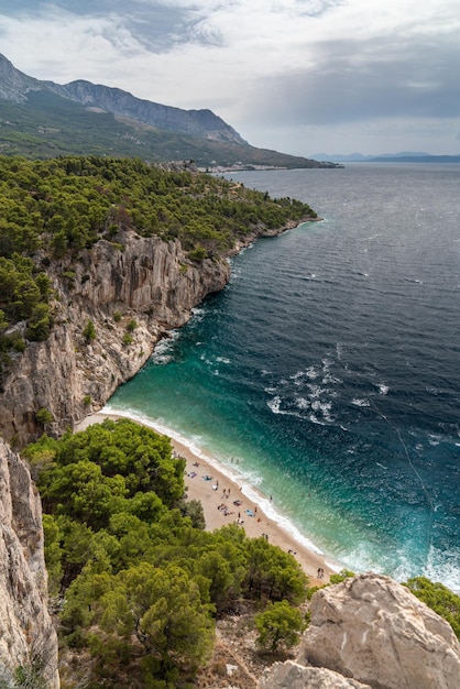 View from the cliff to the beautiful Nugal beach near the city of Makarska Dalmatia Croatia