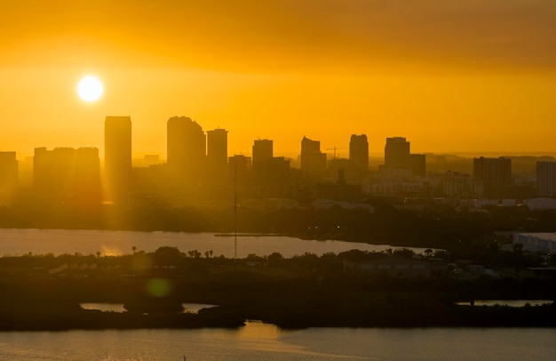 View from above of contemporary high skyscraper buildings in downtown district of Tampa city in Florida USA at sunset American megapolis with business financial district