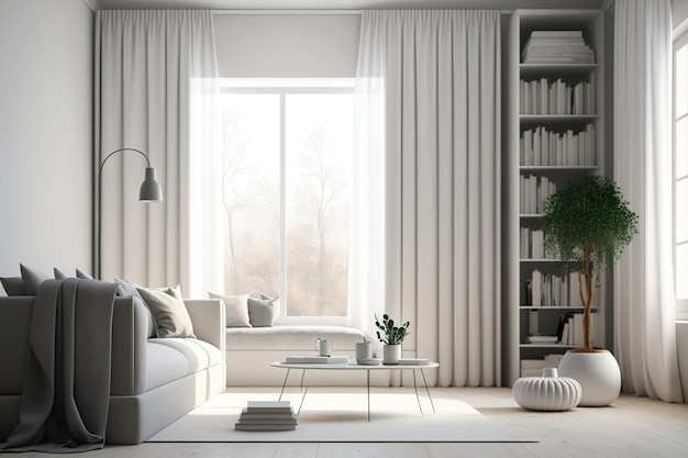 View from the corner of a bright living room with books on the wooden floor a coffee table a sofa a huge window a curtain and an empty white wall principle of minimalist design