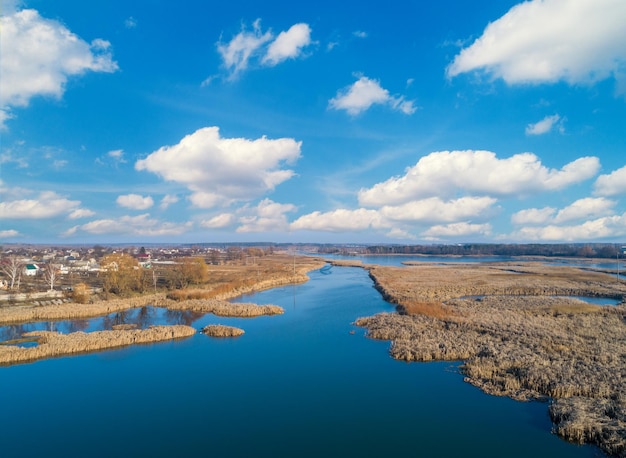 View from above of the countryside and river on a sunny day