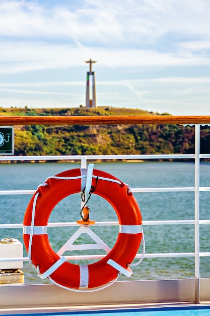 View from the cruise ship to Christ the King statue in Almada, Lisbon, Portugal