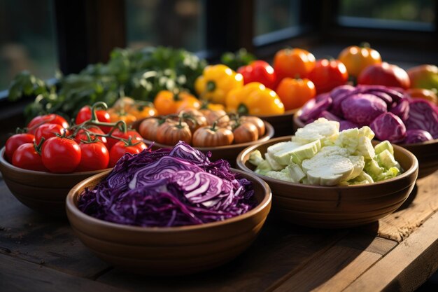 View from Cut Cut Vegetables Purple Green Tomato Pumpkin Red onion Pepper Lemon generative IA