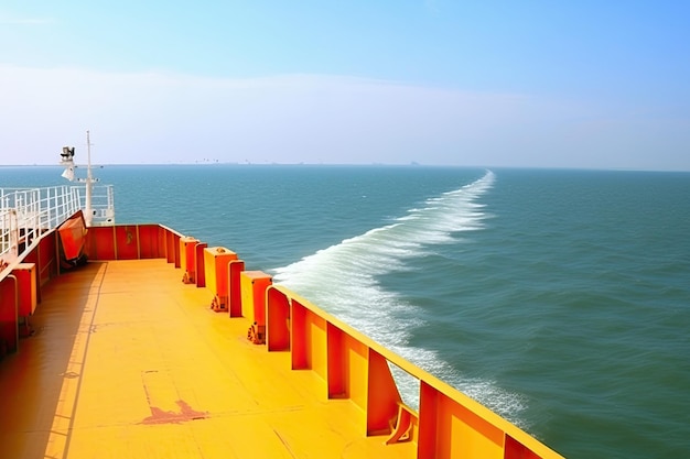 View from deck of cargo ship to sea Created with Generative AI