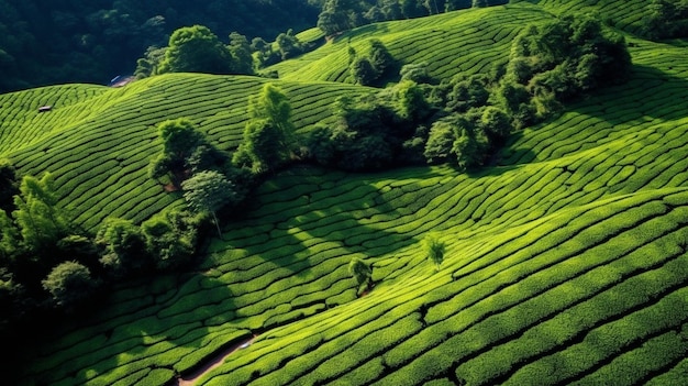 View from above of an ecological tea garden