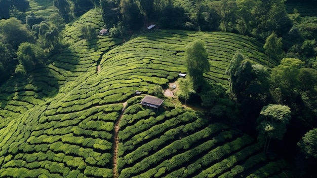 View from above of an ecological tea garden