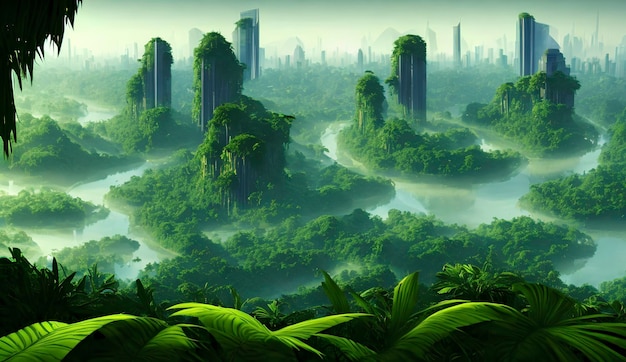 View from the forest to the city in the jungle