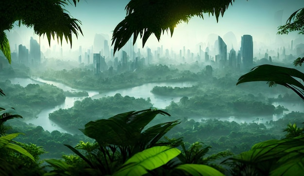 View from the forest to the city in the jungle