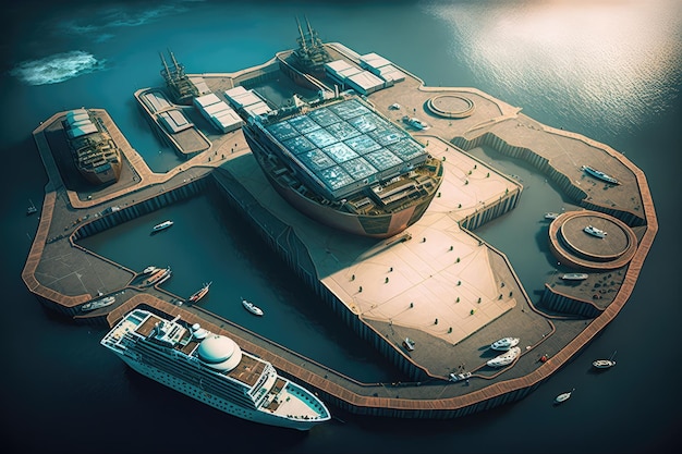 View from above on futuristic cargo port of future and sea container ships created with generative a